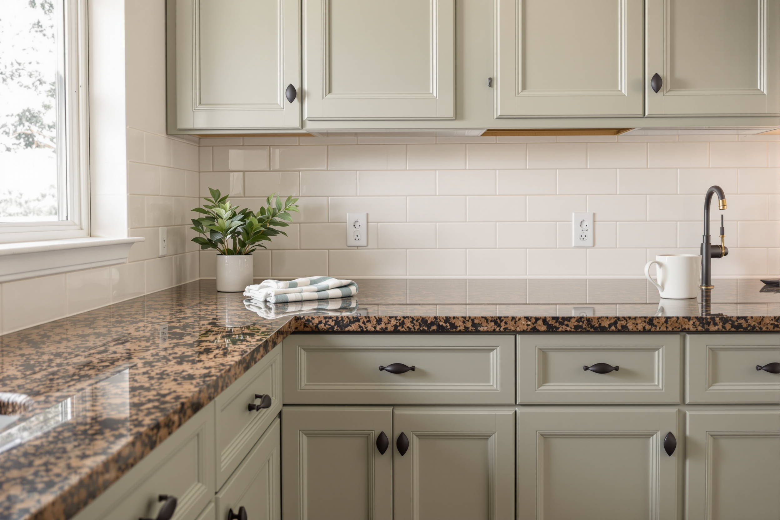 Muted sage green painted cabinets beside busy brown speckled granite countertops in a Utah kitchen
