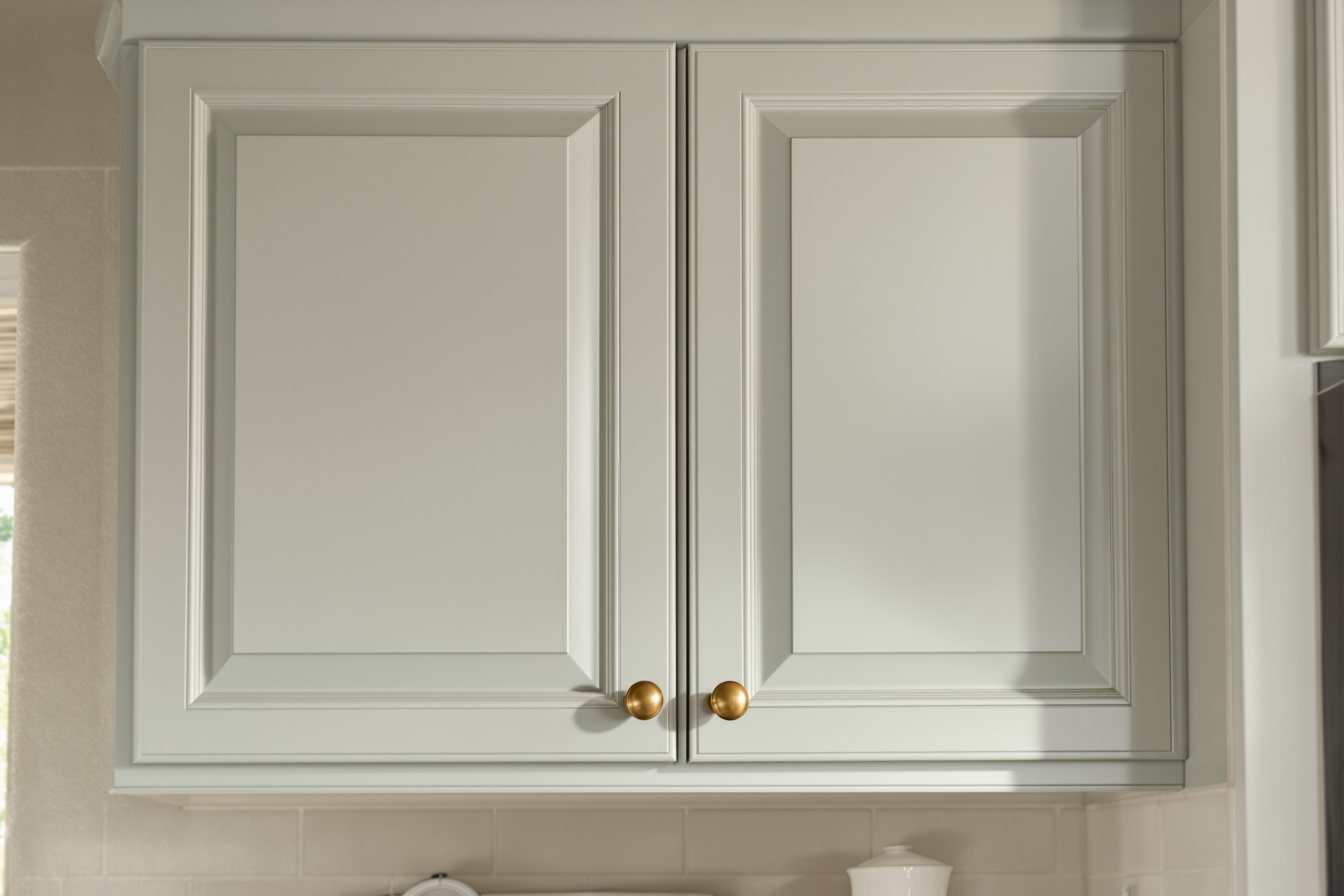 Close view of a raised-panel cabinet door with a smooth sprayed satin finish and no brush marks