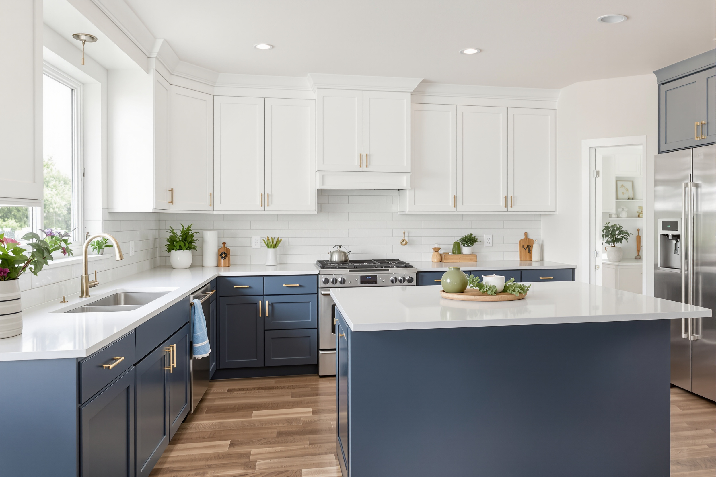 Two-tone kitchen with light painted upper cabinets and deeper painted lower cabinets and island in satin finish